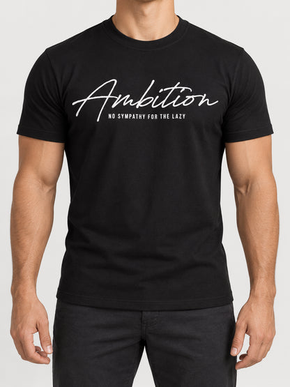 Black Ambition T-shirt worn to show the fitted sleeves, crew neckline and torso.