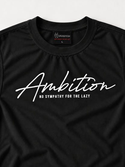 Close-up of the black Ambition T-shirt showing the chest print, small tagline, crew neckline and woven brand label.