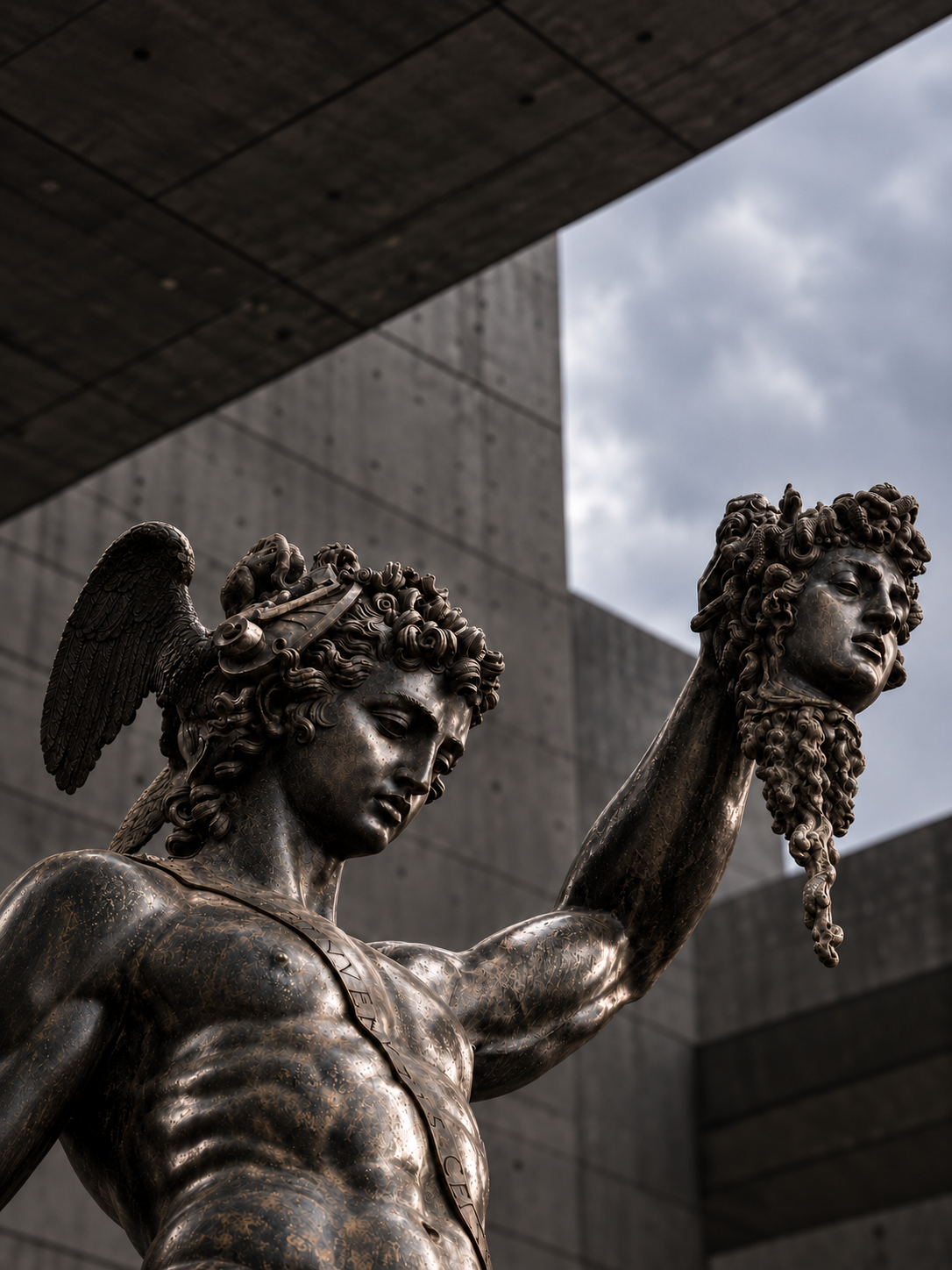 Bronze Perseus and Medusa sculpture in a concrete architectural setting.