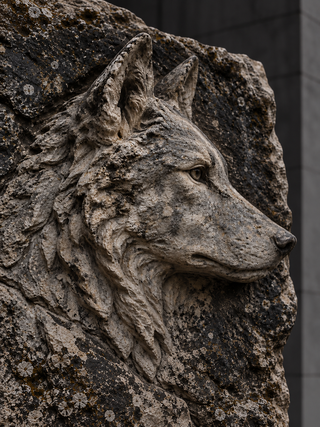 Sculpted wolf relief in weathered stone.