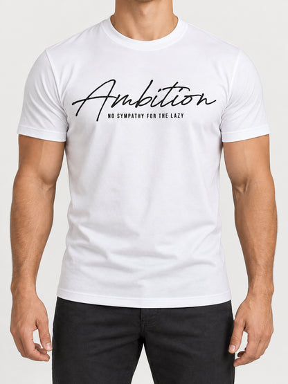 White Ambition T-shirt worn to show the fitted sleeves, crew neckline and torso.