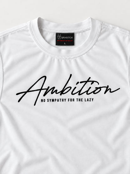 Close-up of the white Ambition T-shirt showing the chest print, small tagline, crew neckline and woven brand label.